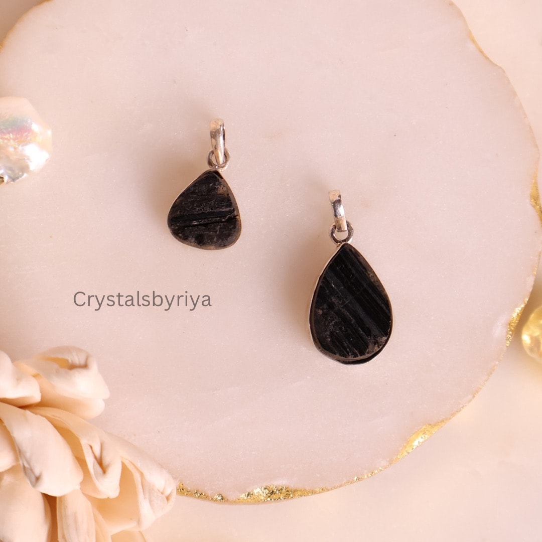 Black Tourmaline Raw Silver Pendant