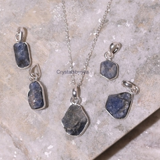 Blue Sapphire Raw Silver Pendant