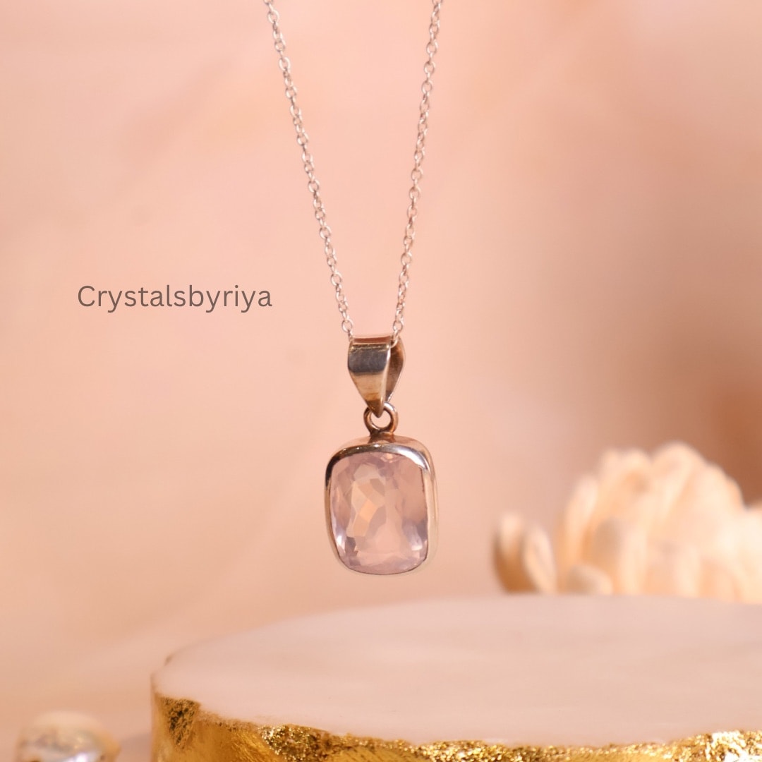 Rose Quartz Silver Faceted Pendant
