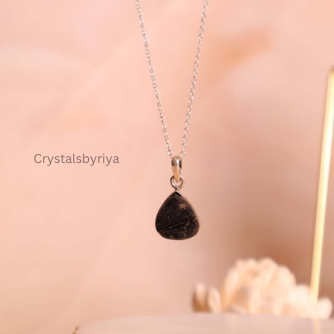 Black Tourmaline Raw Silver Pendant - alternate view
